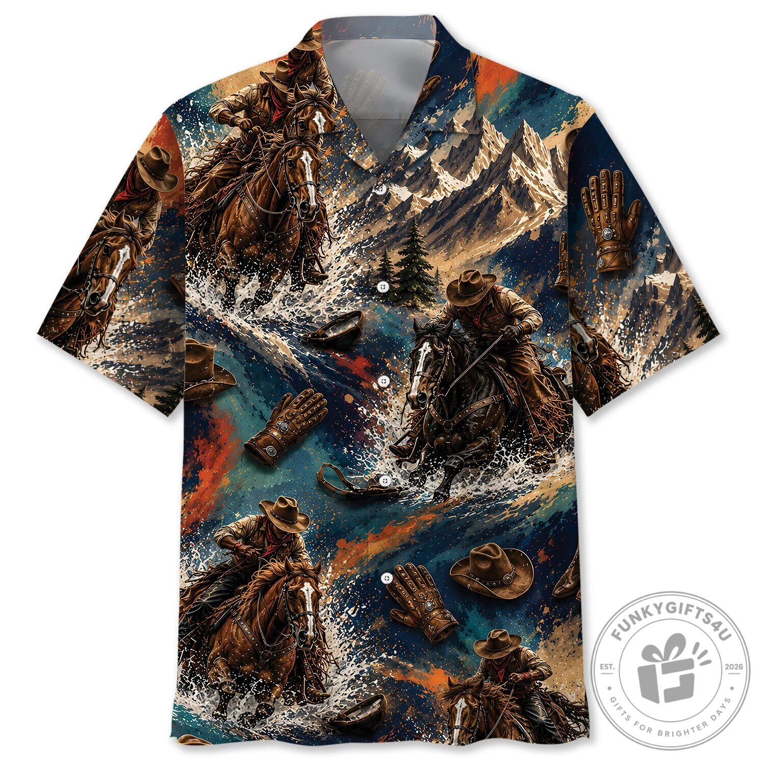 Western Cowboy Horse Riding Mountain River Splash Hawaiian Shirt