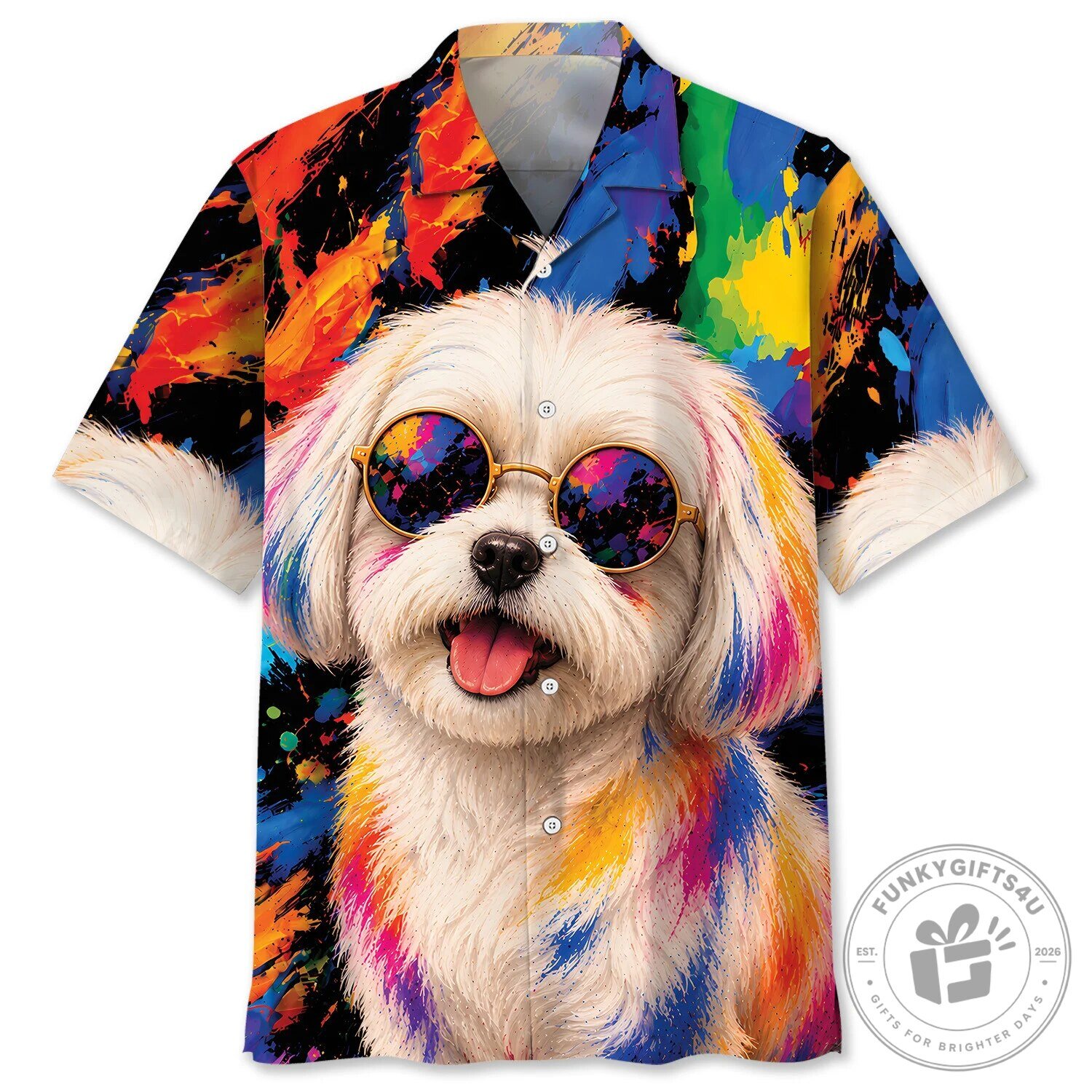 Colorful Paint Splatter Maltese Dog Wearing Sunglasses Hawaiian Shirt