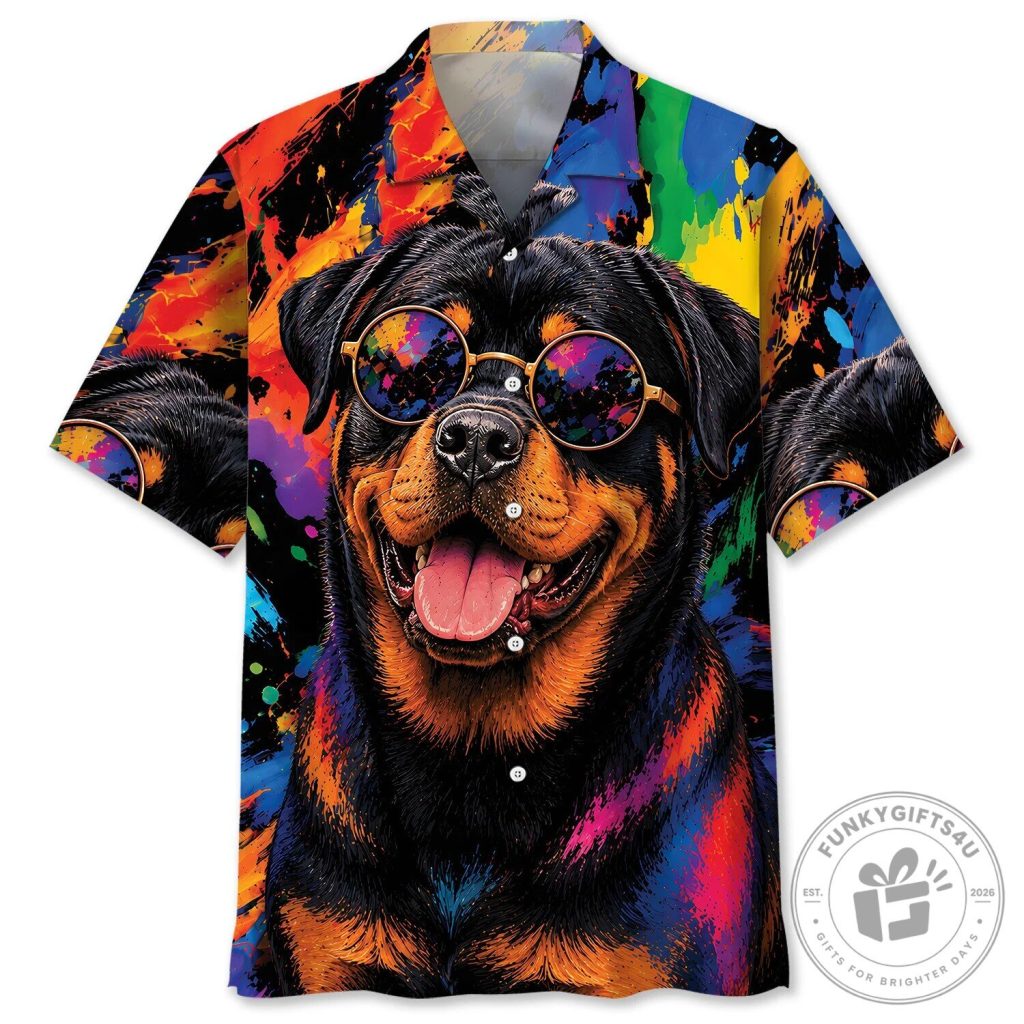 Colorful Rottweiler Dog with Sunglasses and Paint Splatter Hawaiian Shirt Colorful Rottweiler Dog with Sunglasses and Paint Splatter Hawaiian Shirt