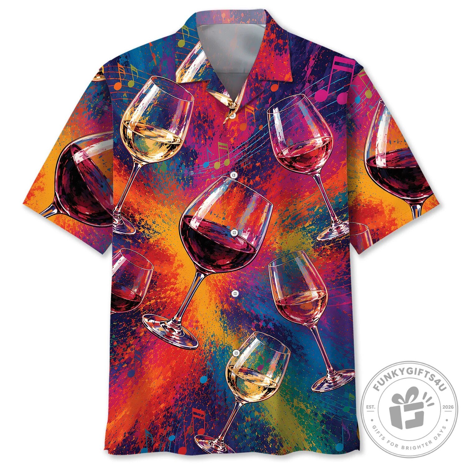 Colorful Wine Glasses And Music Notes Pattern Hawaiian Shirt