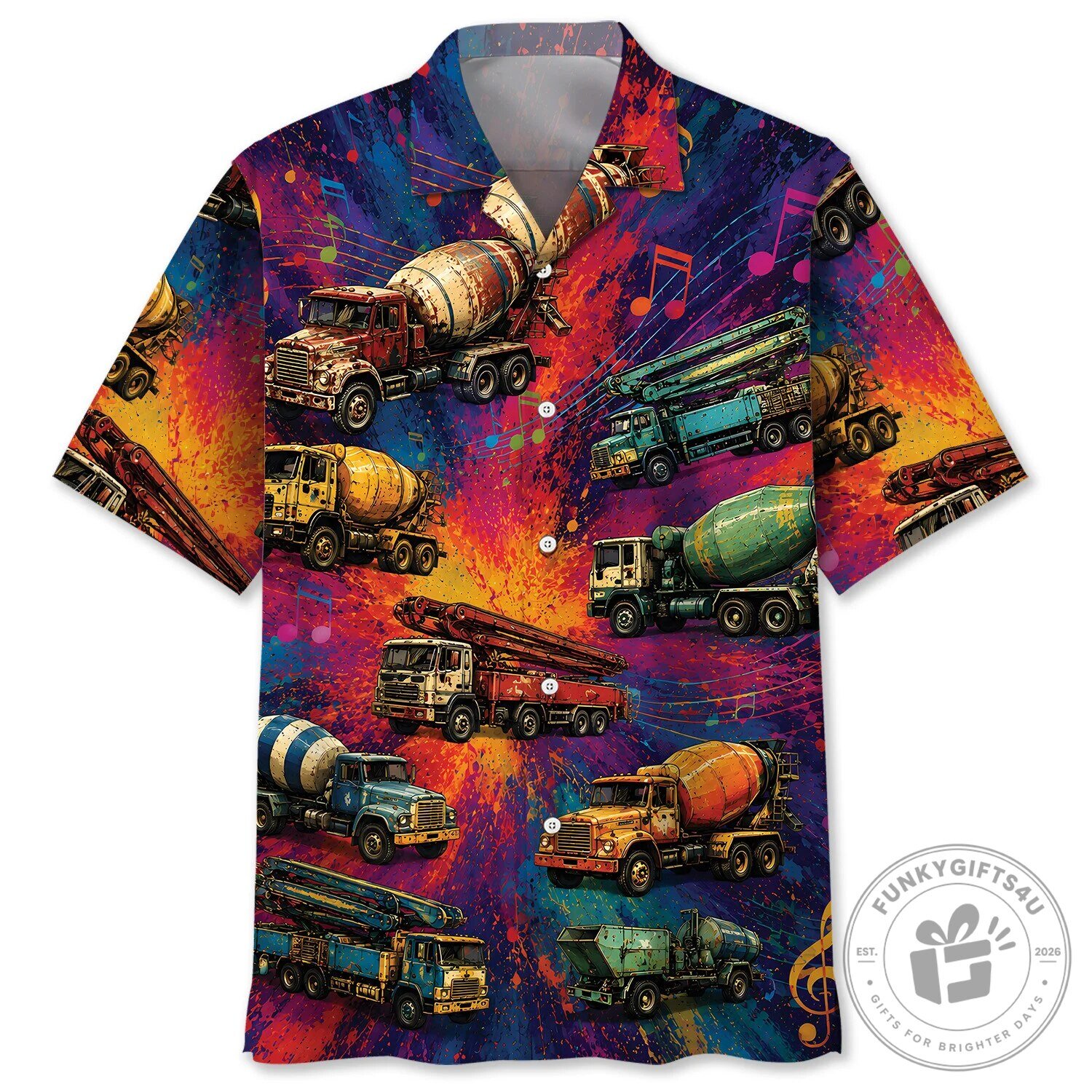 Construction Concrete Mixer Truck Musical Notes Hawaiian Shirt