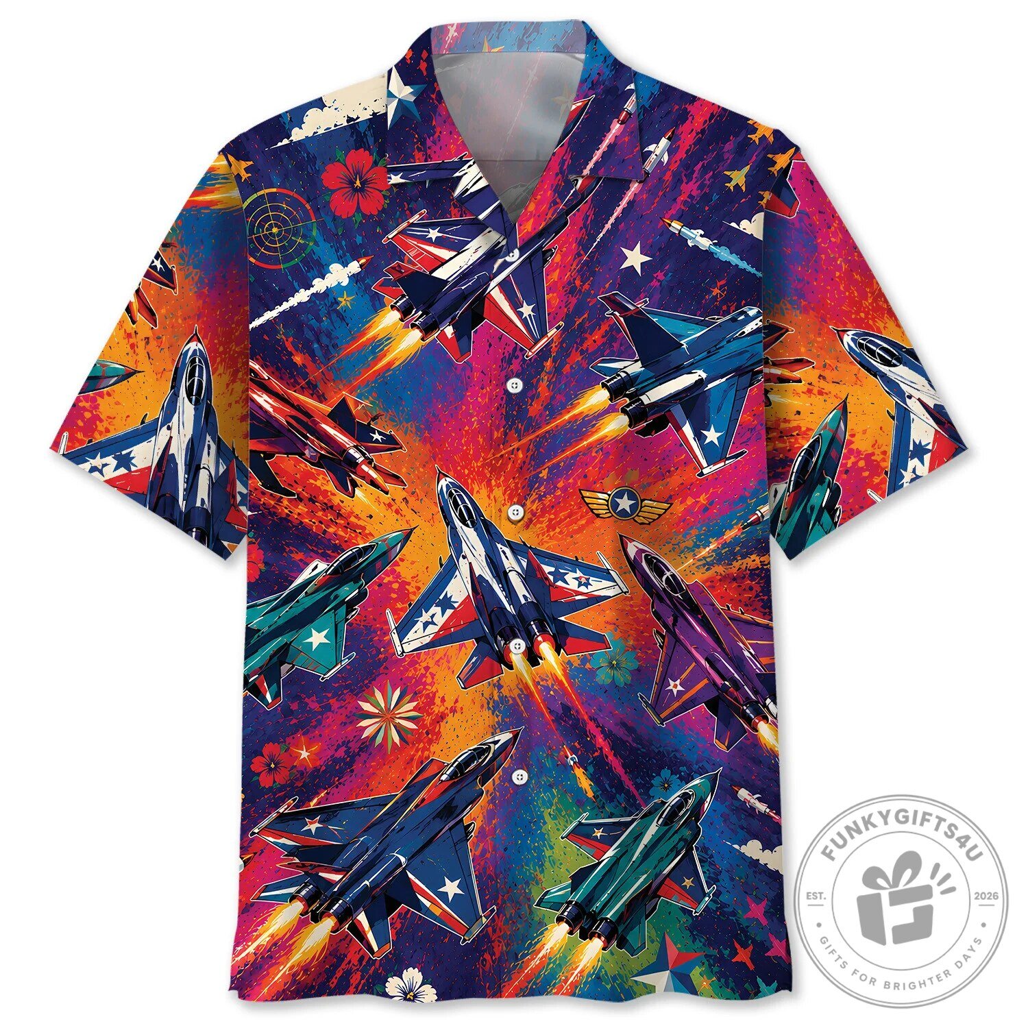 Colorful Fighter Jet Aircraft Vintage Art Hawaiian Shirt
