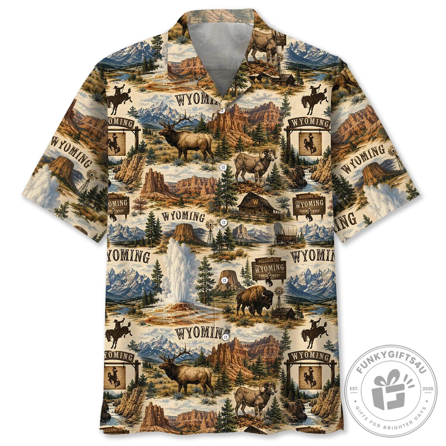 Vintage Wyoming State National Park Pattern Hawaiian Shirt