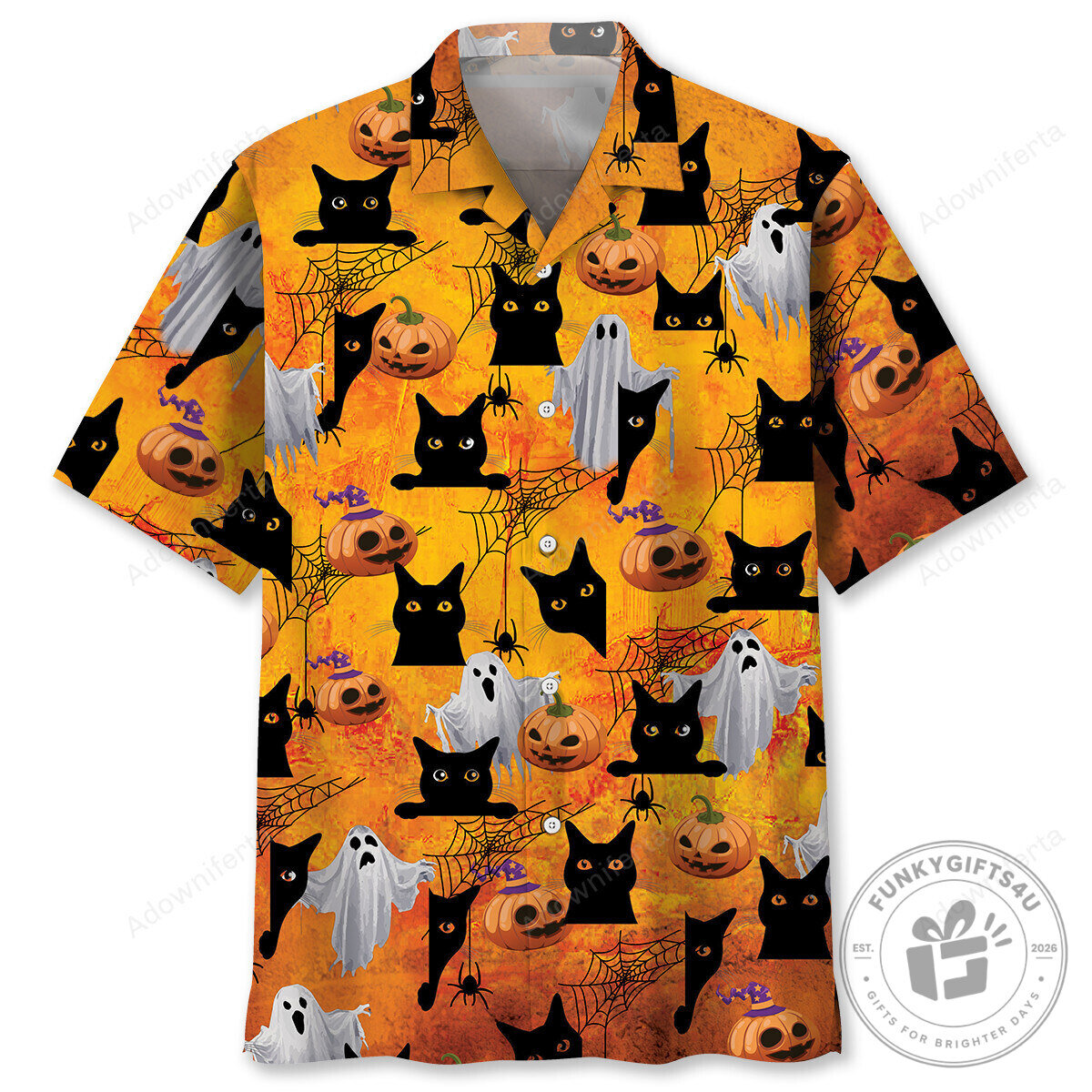 Halloween Cat Shirt Spooky Ghost Pumpkin Black Cat Hawaiian Shirt