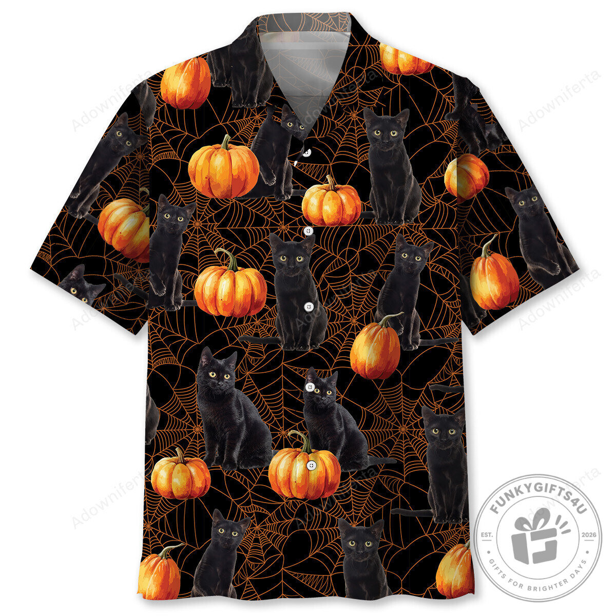 Halloween Cat Shirt with Pumpkin and Spiderweb Print Hawaiian Shirt