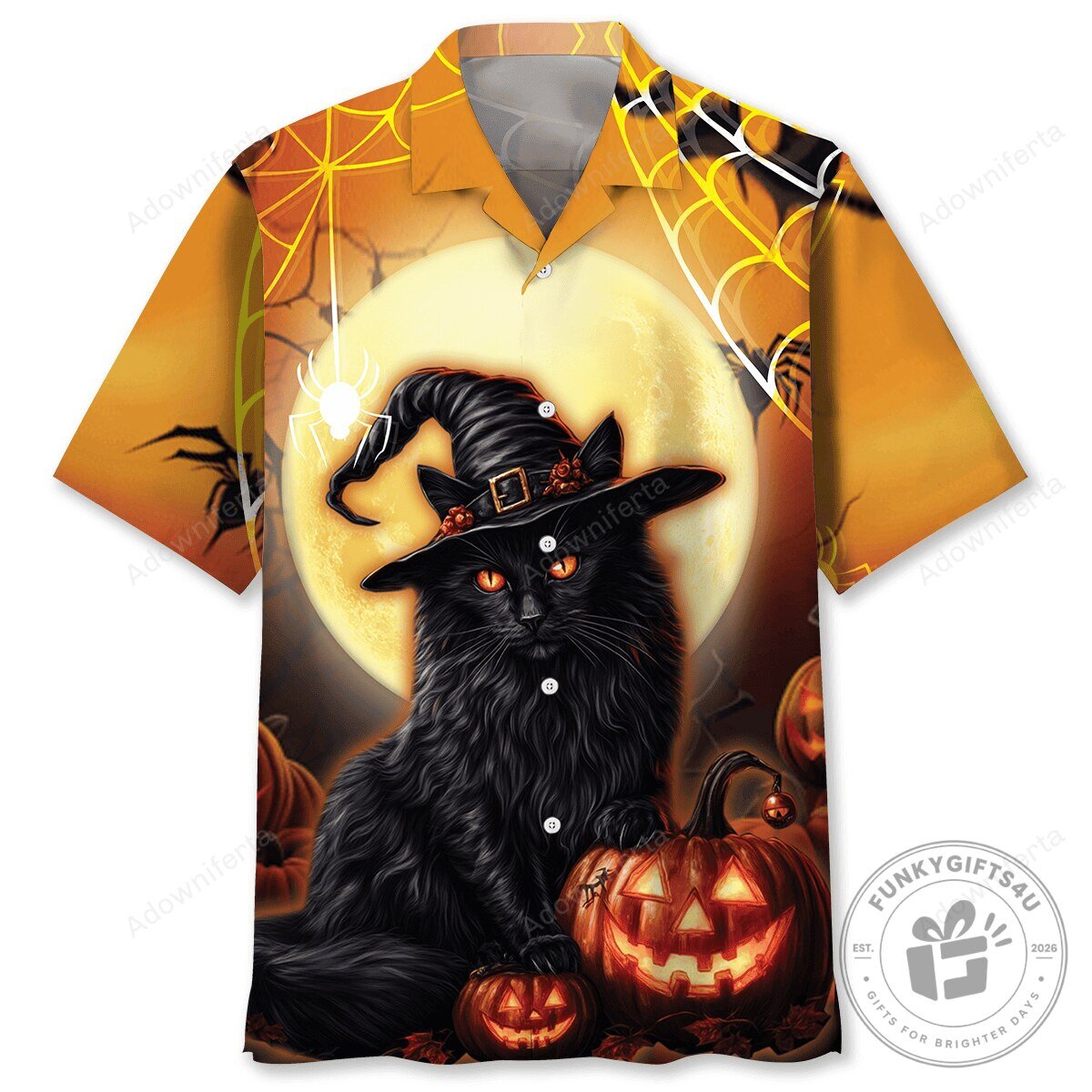 Halloween Cat Shirt Black Cat Pumpkin Full Moon Hawaiian Shirt