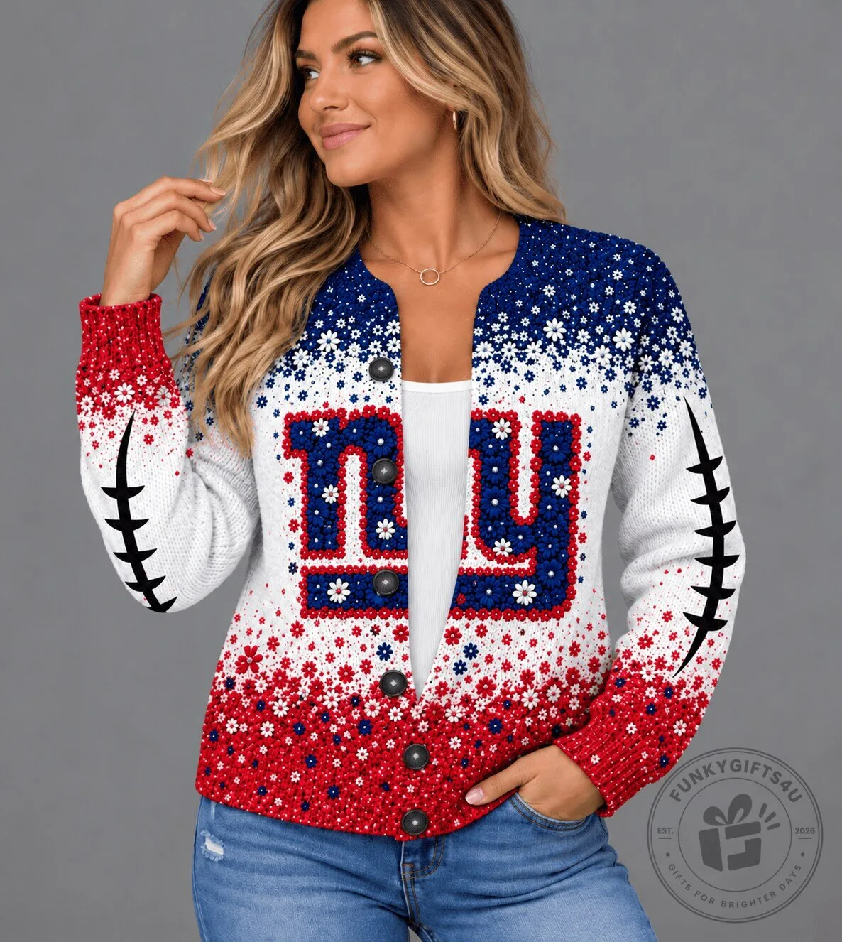 New York Giants Floral Football Fan Cardigan Sweater
