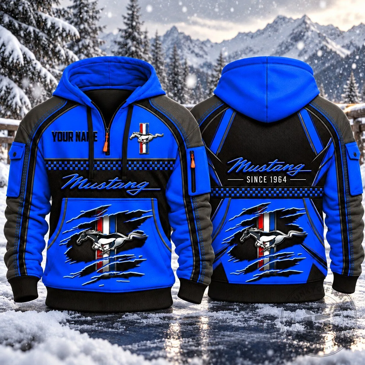 Ford Mustang Since 1964 Custom Name Blue Racing Style Hoodie