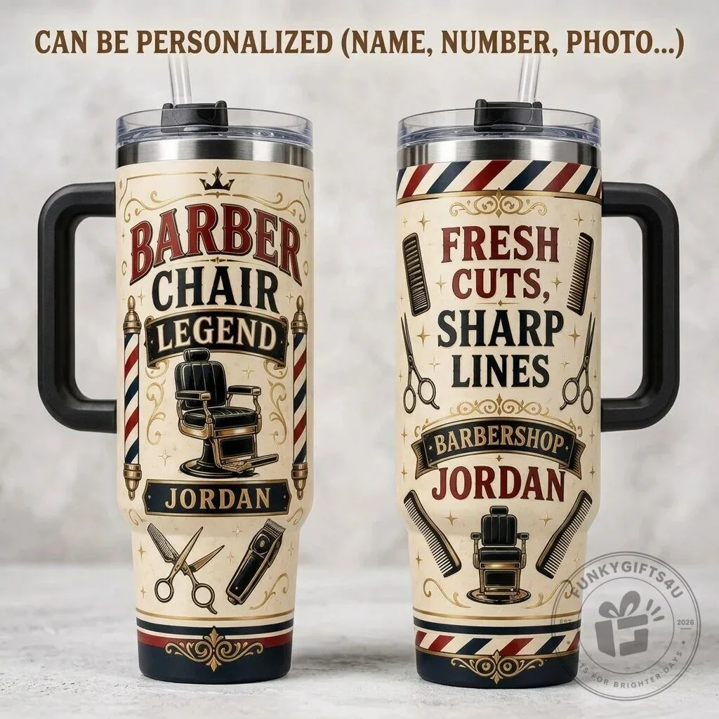 Personalized Barber Chair Legend 40oz Tumbler with Handle - Custom Barbershop Gift