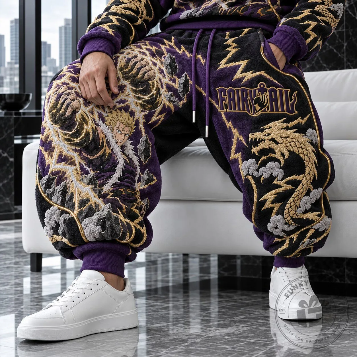 Fairy Tail Natsu Dragneel Dragon Lightning Embroidered Jogger Pants