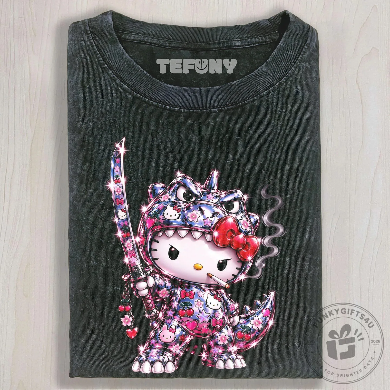 Sparkling Hello Kitty Dinosaur Samurai Sword Dark Humor T-Shirt