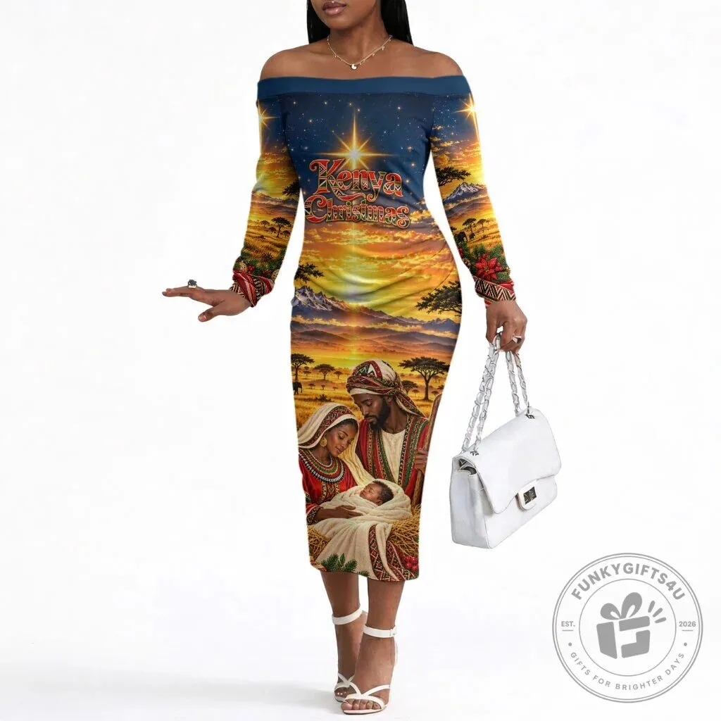 Kenya Christmas African Holy Family Off The Shoulder Long Sleeve Dress
