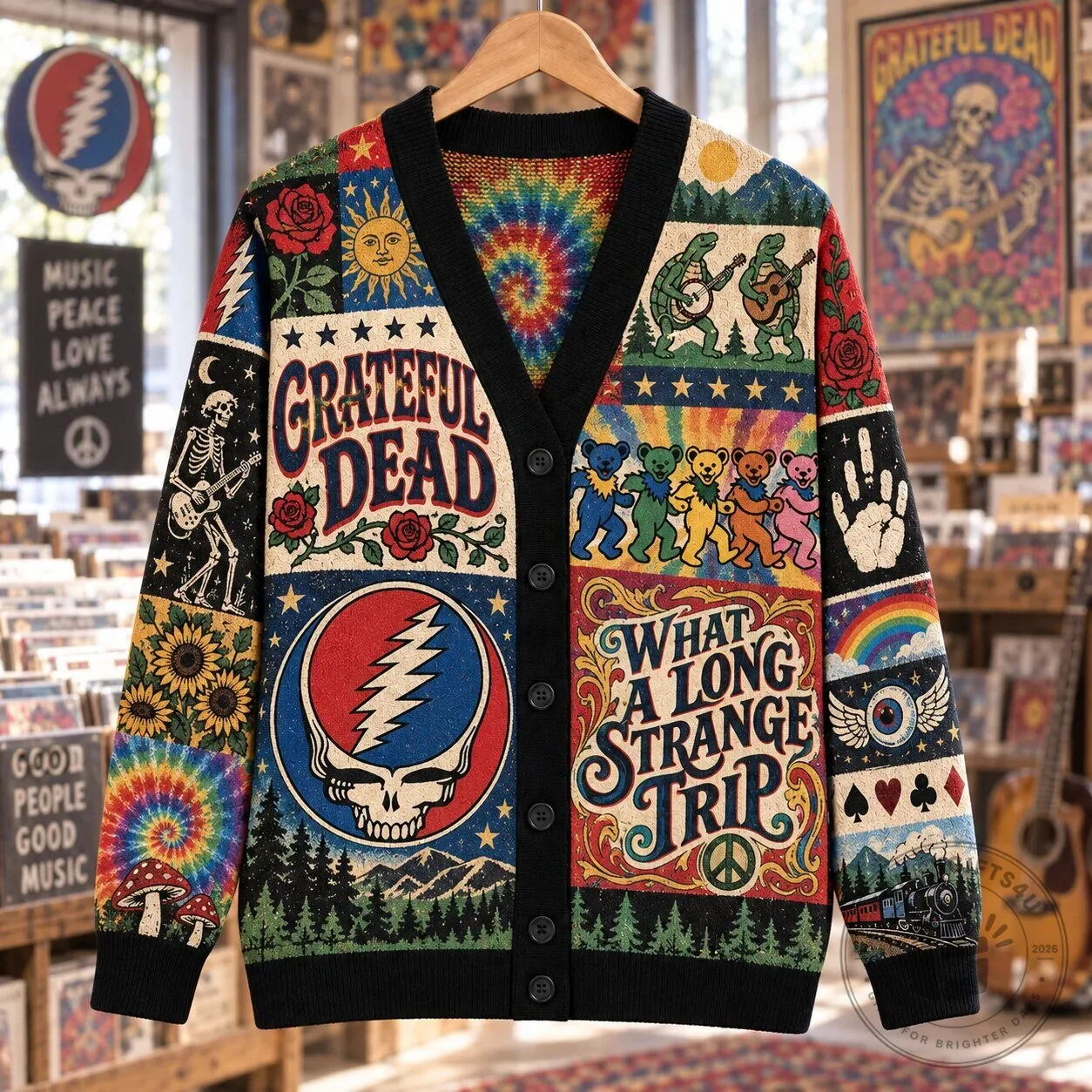 Grateful Dead Steal Your Face Dancing Bears Patchwork Cardigan Sweater