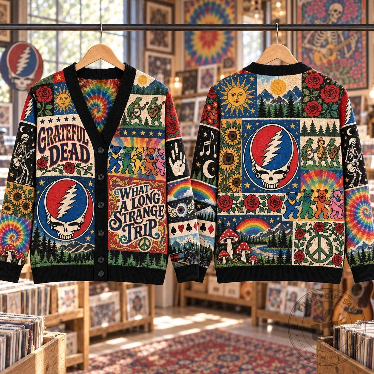 Grateful Dead Steal Your Face Dancing Bears Patchwork Cardigan Sweater 10 Grateful Dead Steal Your Face Dancing Bears Patchwork Cardigan Sweater