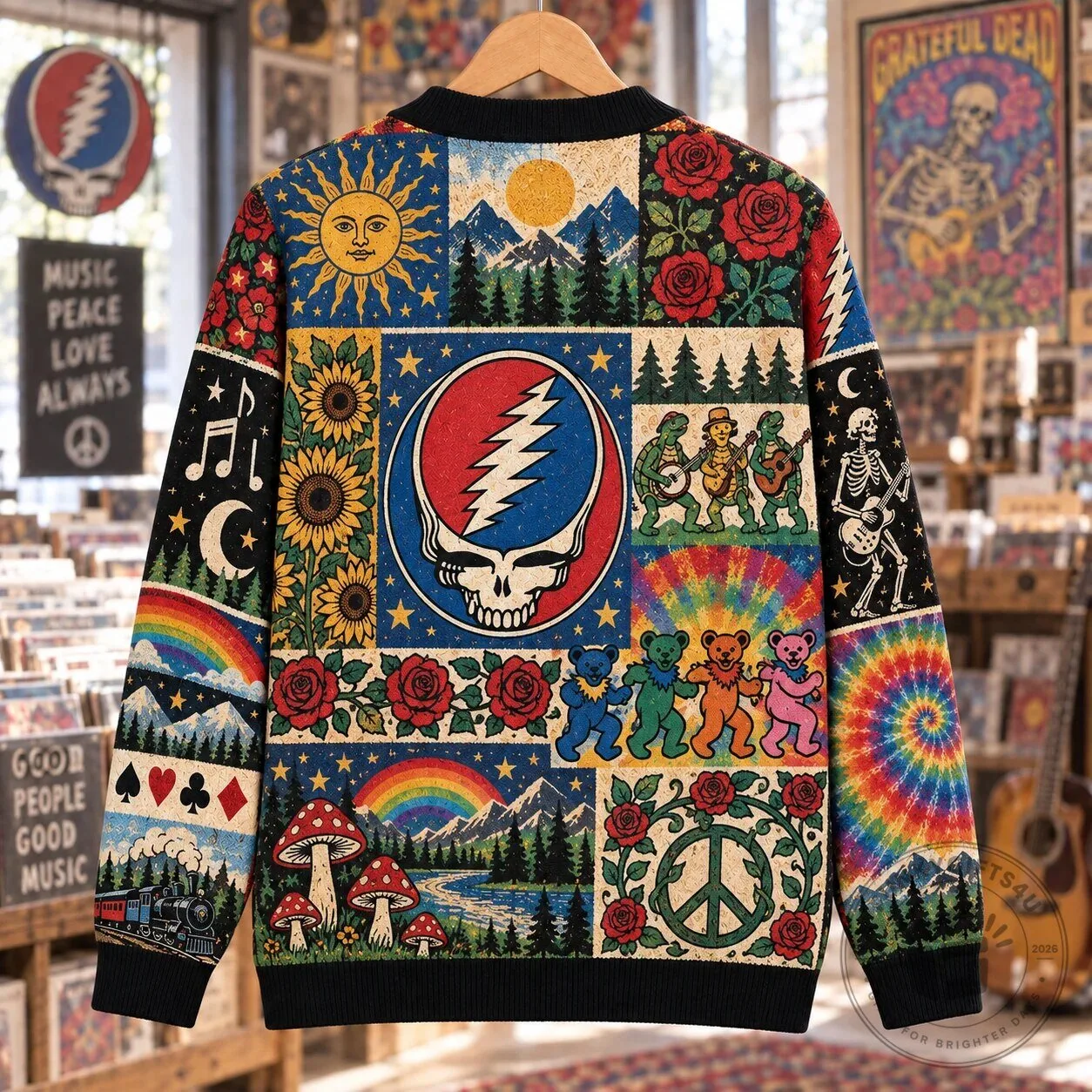 Grateful Dead Steal Your Face Dancing Bears Patchwork Cardigan Sweater 11 Grateful Dead Steal Your Face Dancing Bears Patchwork Cardigan Sweater
