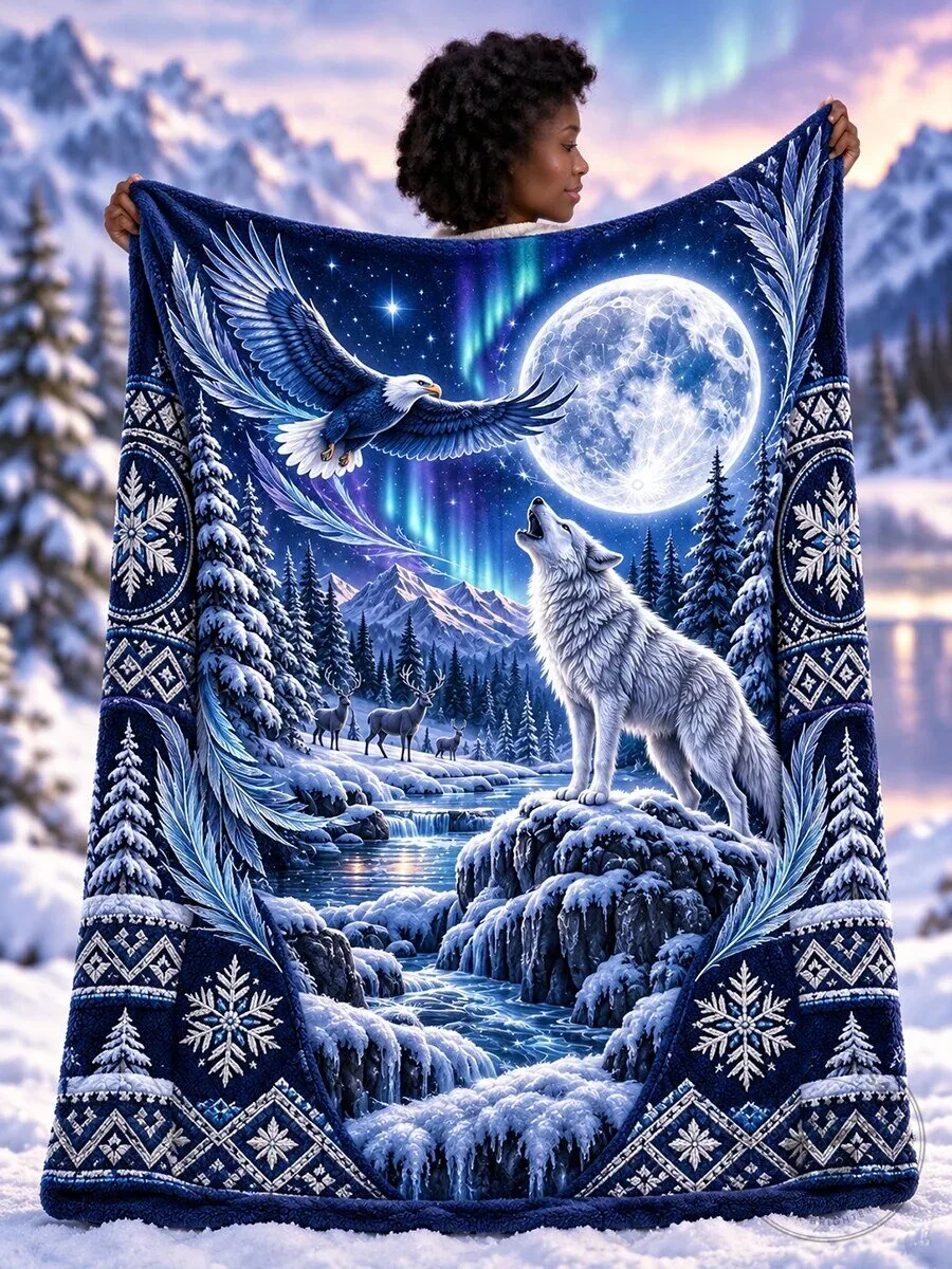 Winter Wolf Eagle Full Moon Forest Northern Lights Wildlife Sherpa Blanket