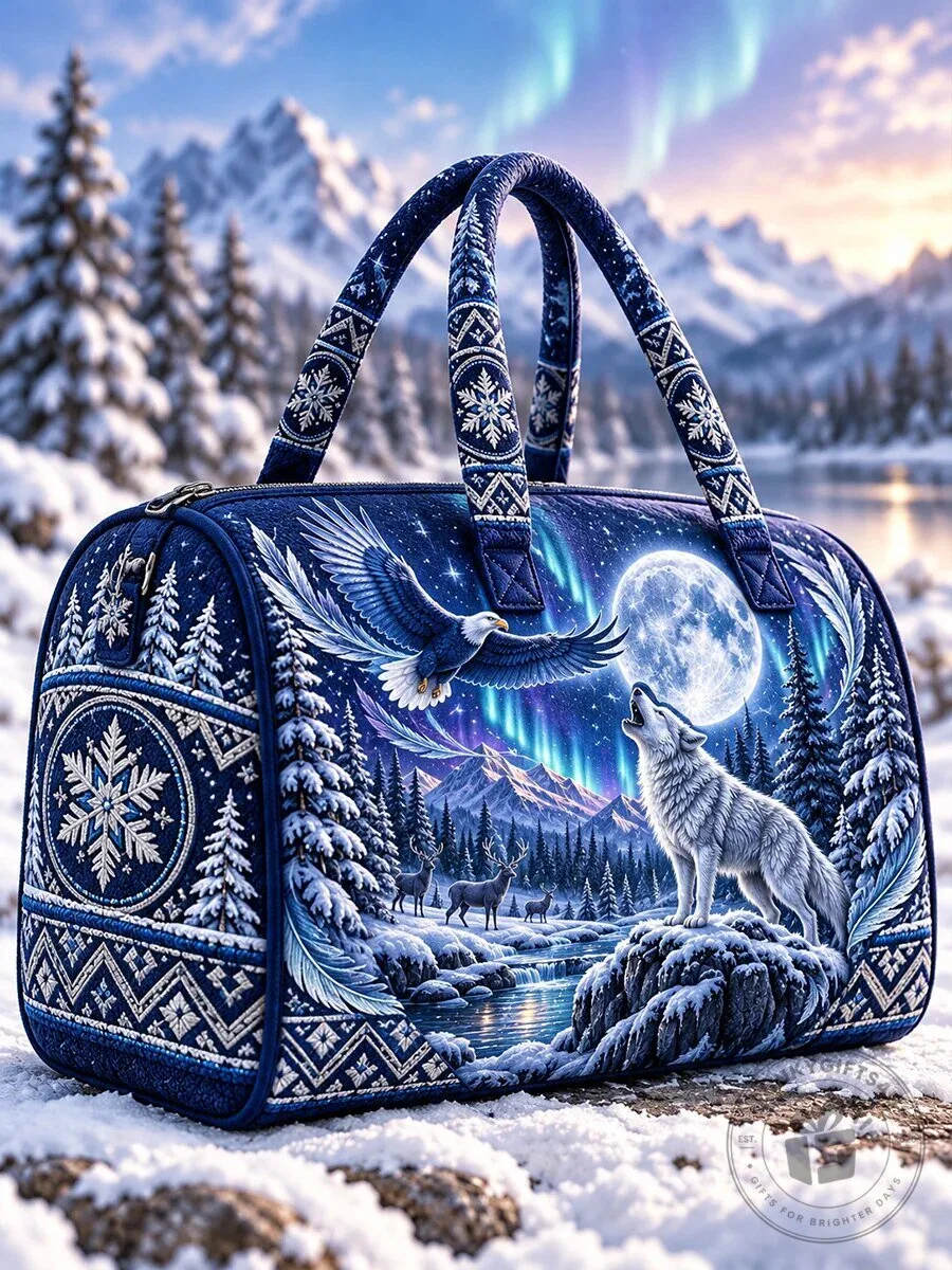 Winter Wonderland Wolf and Eagle Northern Lights Travel Bag