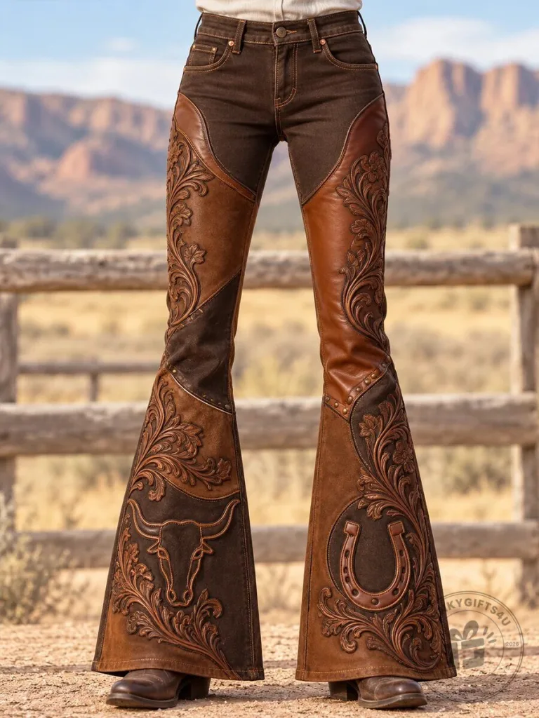 Western Cowboy Culture Flared Leather and Denim Pants for Women