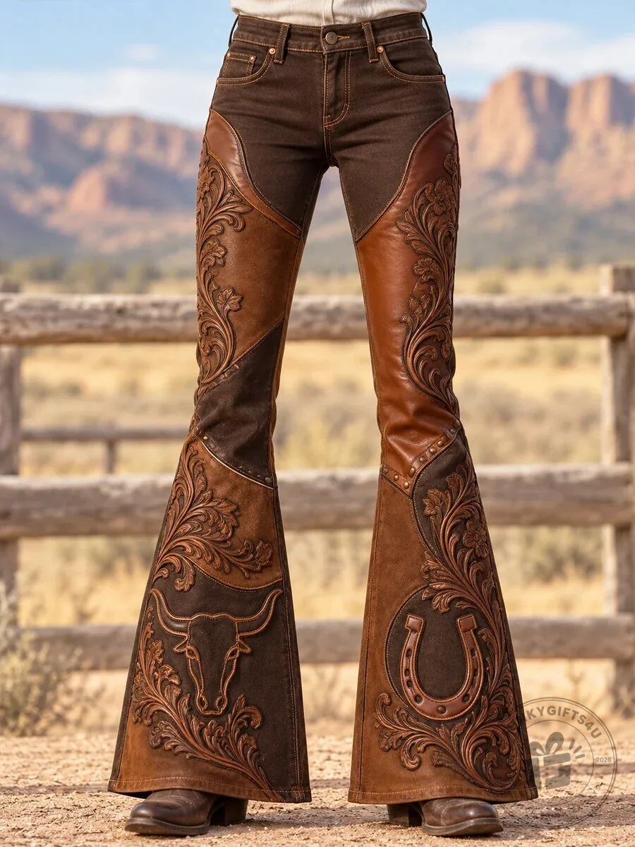 Western Cowboy Culture Flared Leather and Denim Pants for Women