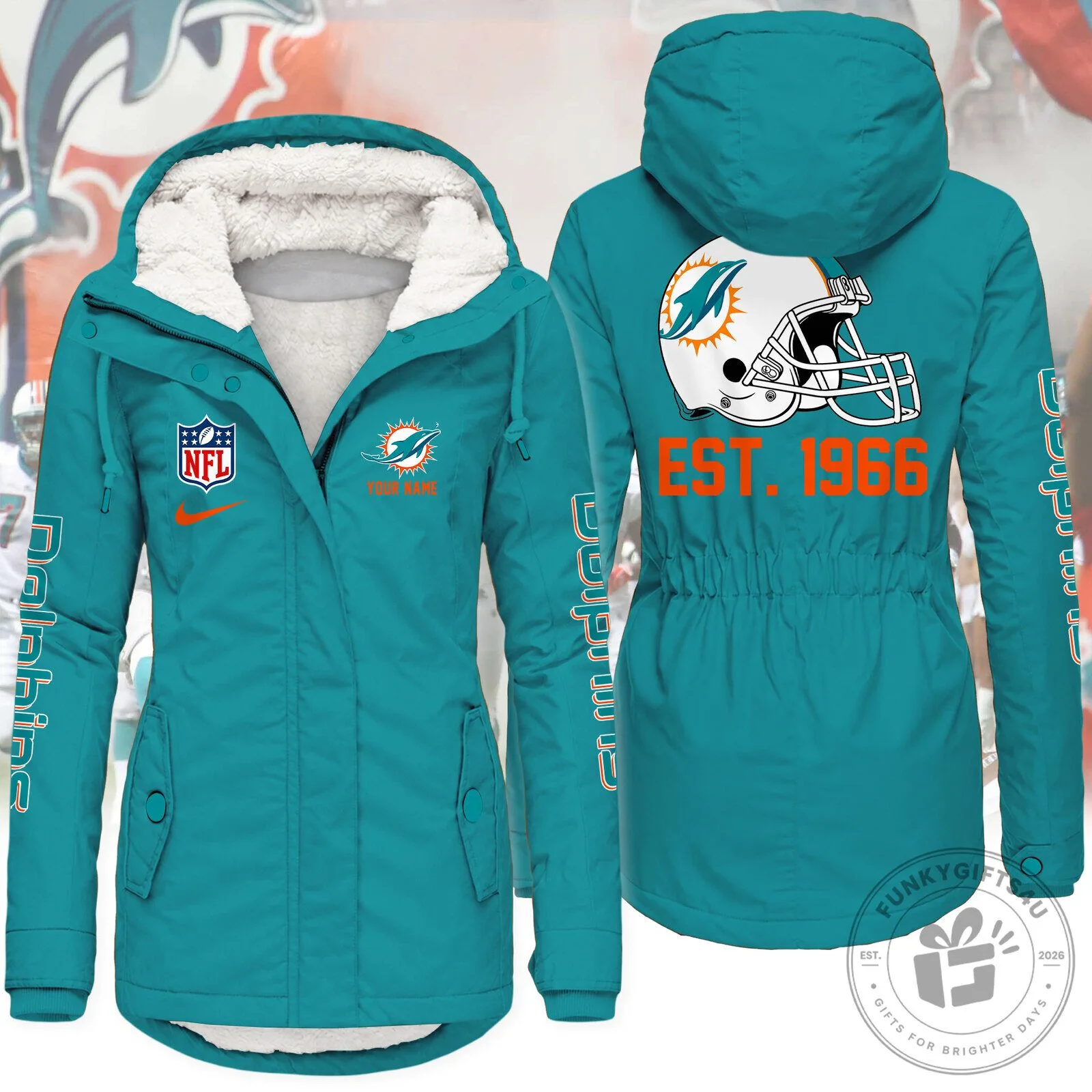 Winter Fleece Jacket featuring Miami Dolphins NFL Football Team Logo