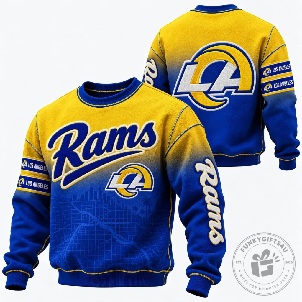 Los Angeles Rams Football Team Blue Gold Gradient Skyline Design Sweatshirt Los Angeles Rams Football Team Blue Gold Gradient Skyline Design Sweatshirt