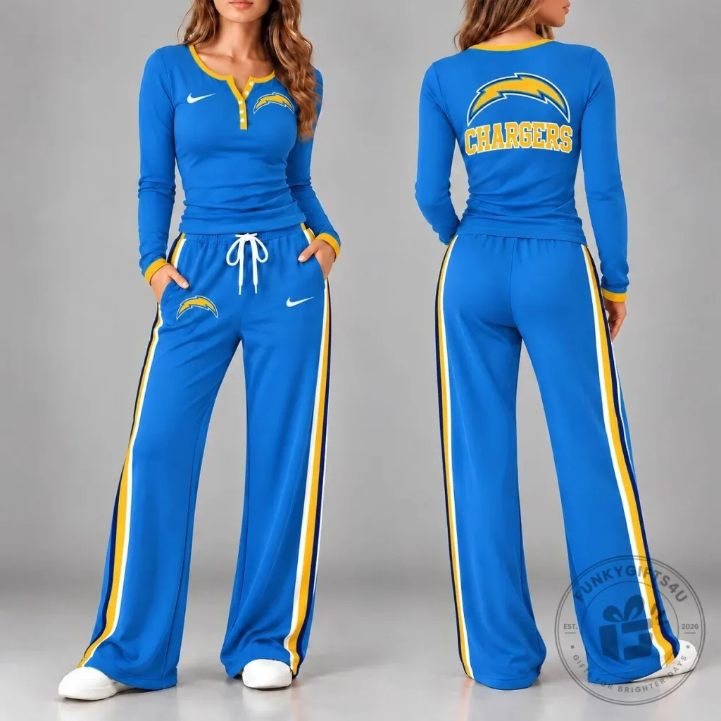 Los Angeles Chargers Women's NFL Team Pride Long Sleeve Henley Top and Pants Set Los Angeles Chargers Women's NFL Team Pride Long Sleeve Henley Top and Pants Set
