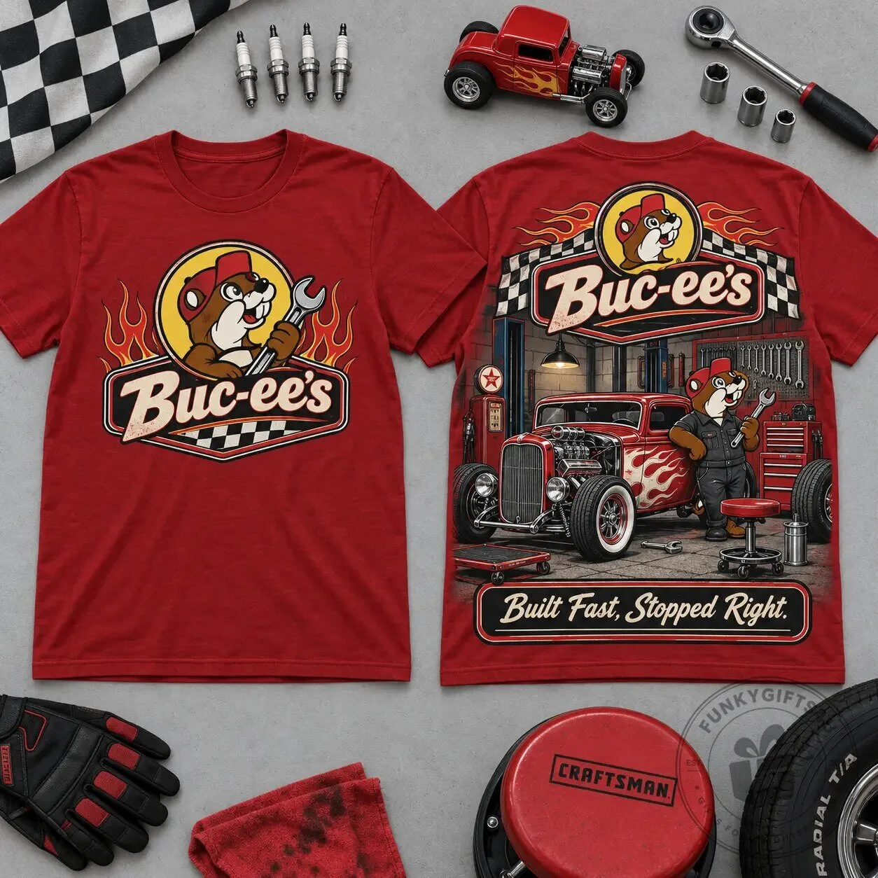 Buc-ee's Mechanic Beaver Garage Hot Rod Car Graphic Red T-Shirt