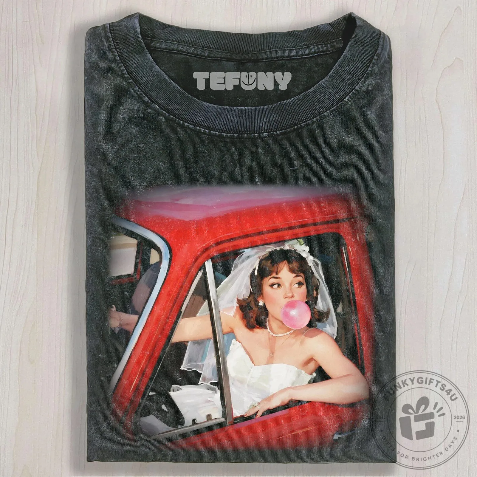 Vintage Bride Blowing Bubble Gum In Red Car T-Shirt
