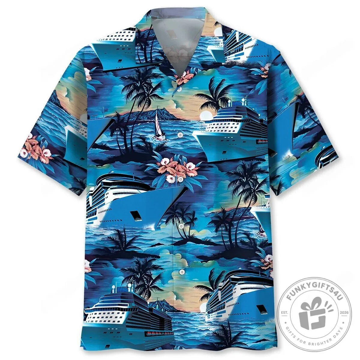 Tropical Cruise Ship Ocean Sunset Hawaiian Shirt for Men and Women