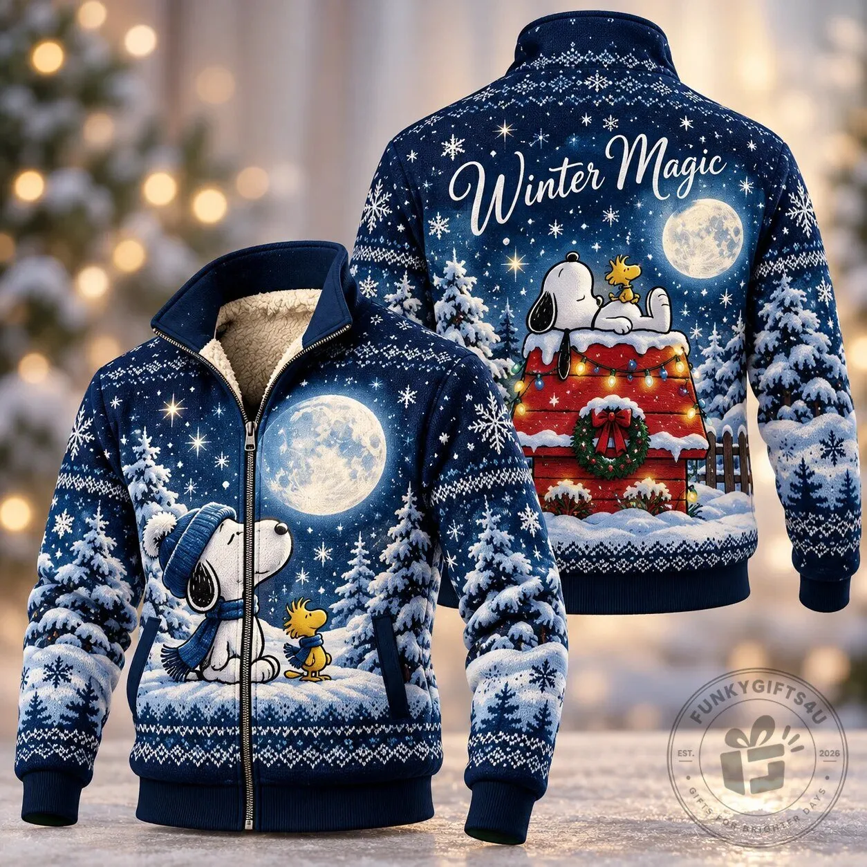 Snoopy Winter Magic Full Moon Snowflakes Sherpa Lined Winter Jacket