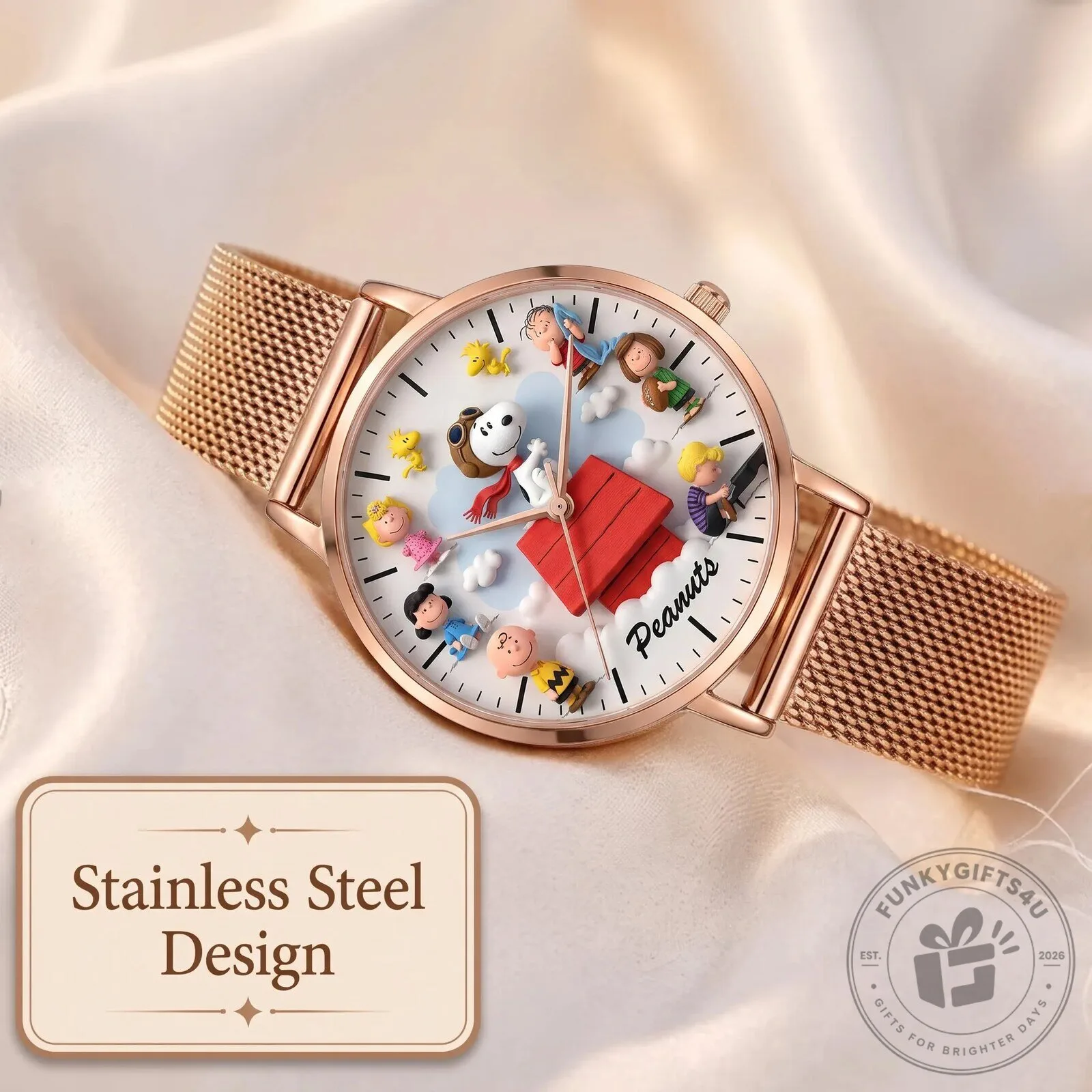 Peanuts Snoopy and Friends Rose Gold Mesh Strap Quartz Watch 10 Peanuts Snoopy and Friends Rose Gold Mesh Strap Quartz Watch