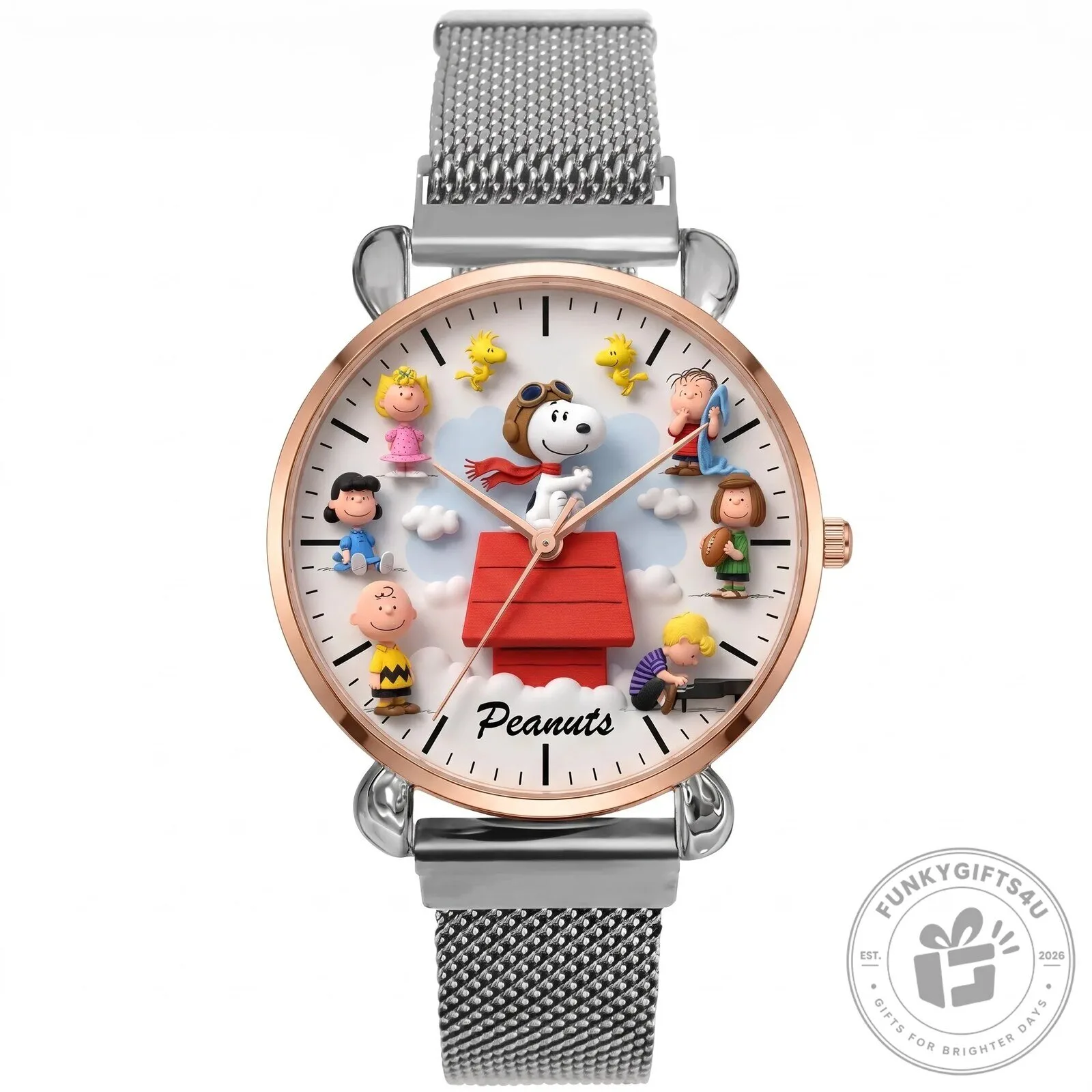 Peanuts Snoopy and Friends Rose Gold Mesh Strap Quartz Watch 12 Peanuts Snoopy and Friends Rose Gold Mesh Strap Quartz Watch