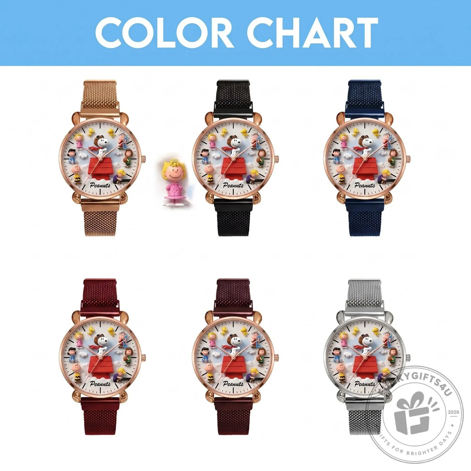 Peanuts Snoopy and Friends Rose Gold Mesh Strap Quartz Watch 16 Peanuts Snoopy and Friends Rose Gold Mesh Strap Quartz Watch