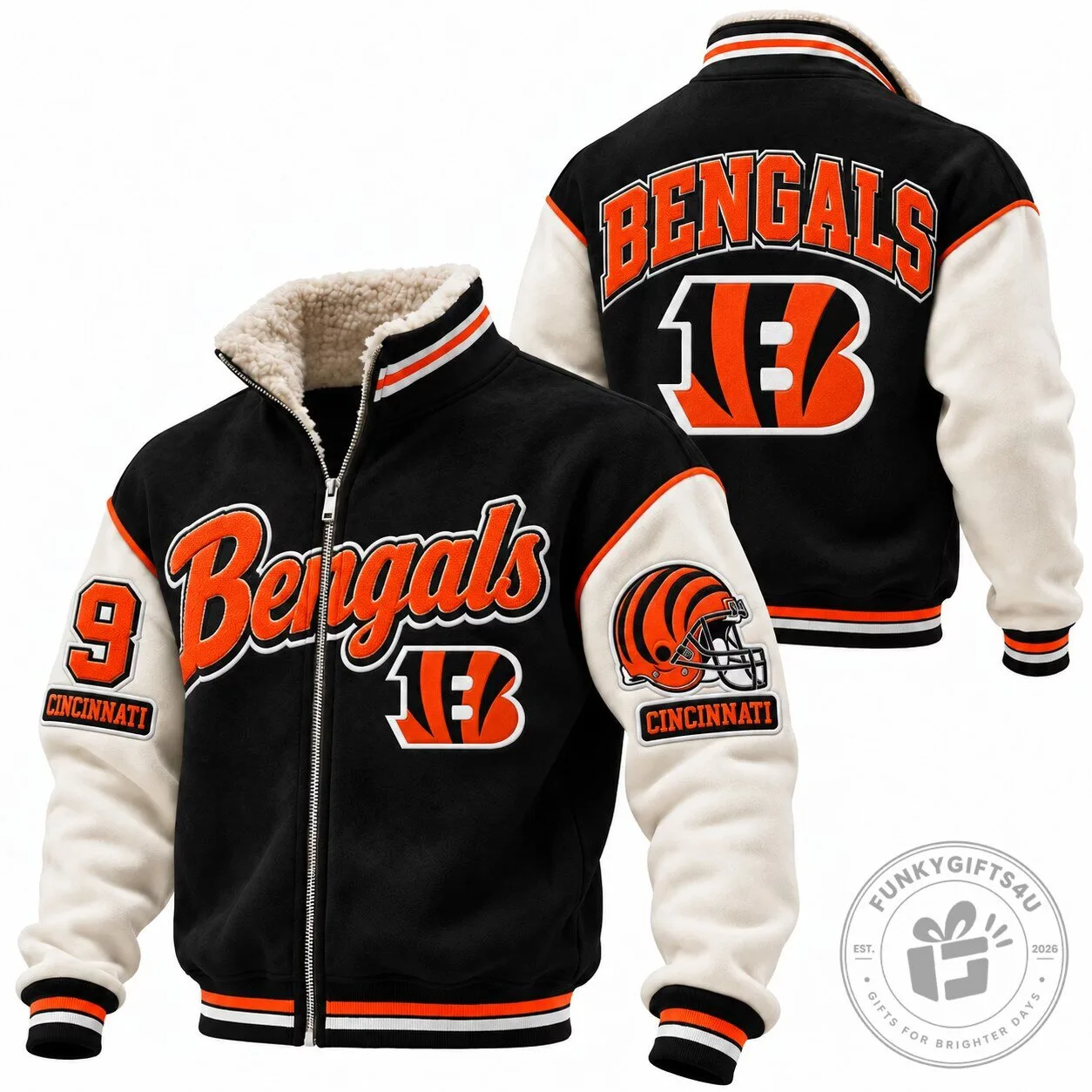 Cincinnati Bengals Football Team Black and White Varsity Jacket