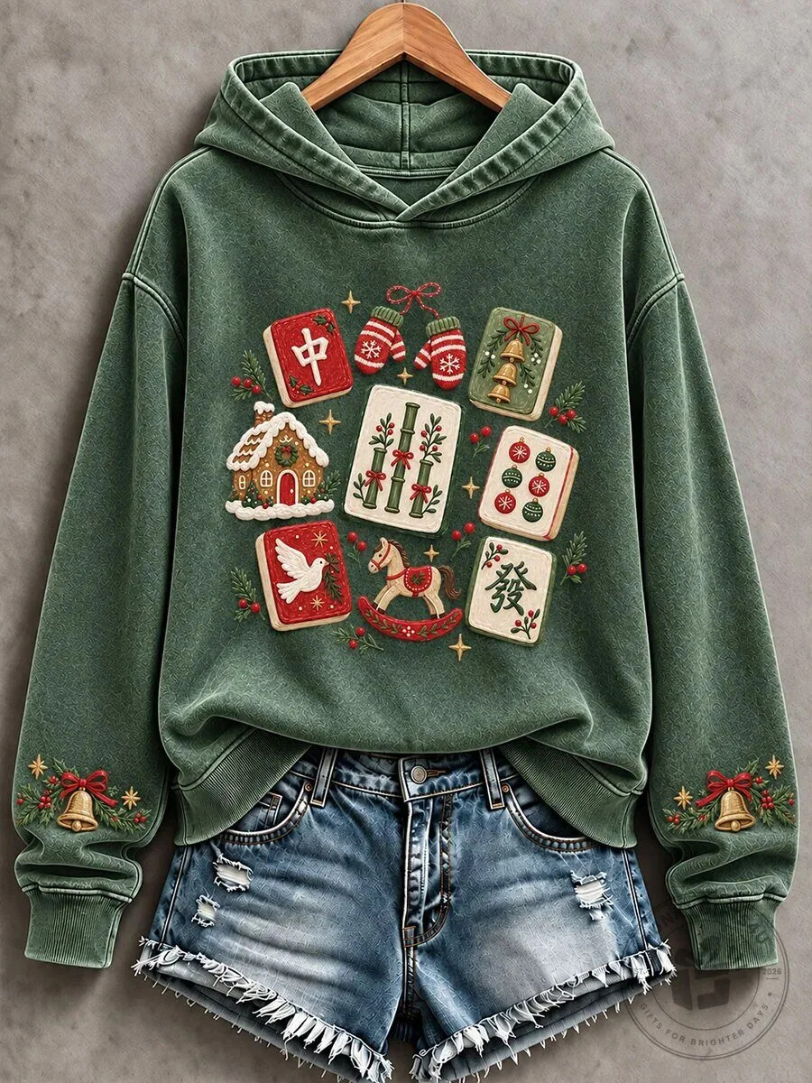 Christmas Mahjong Tile Game Holiday Embroidered Design Hoodie for Women