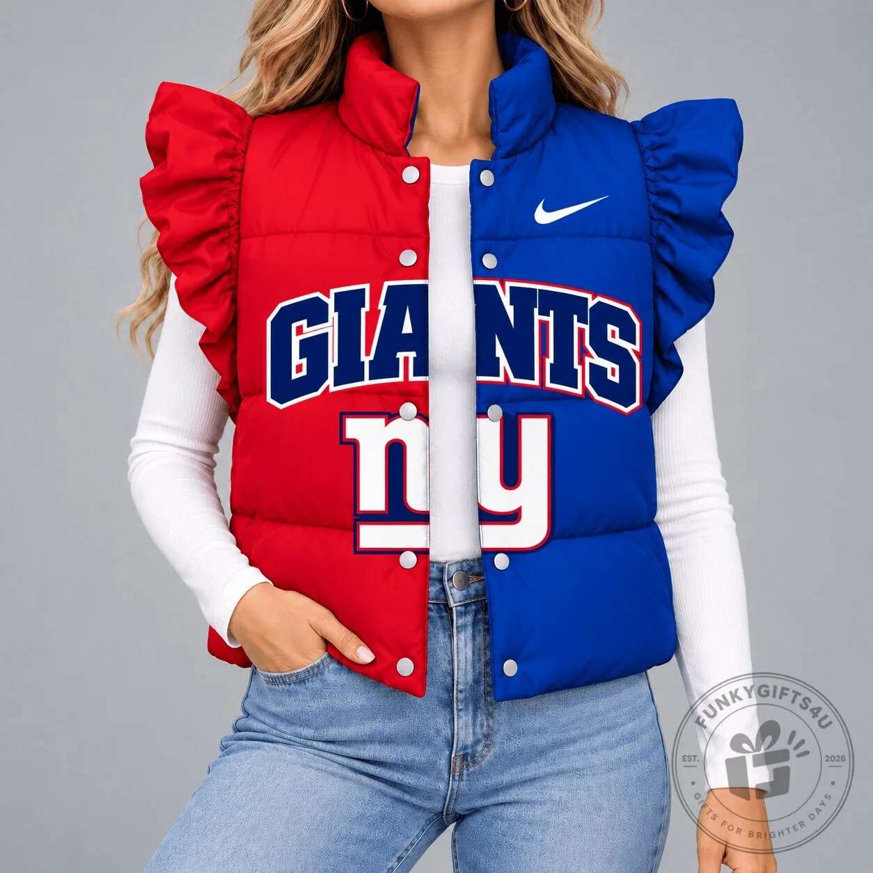 New York Giants NFL Split Color Ruffle Sleeve Quilted Puffer Vest for Women