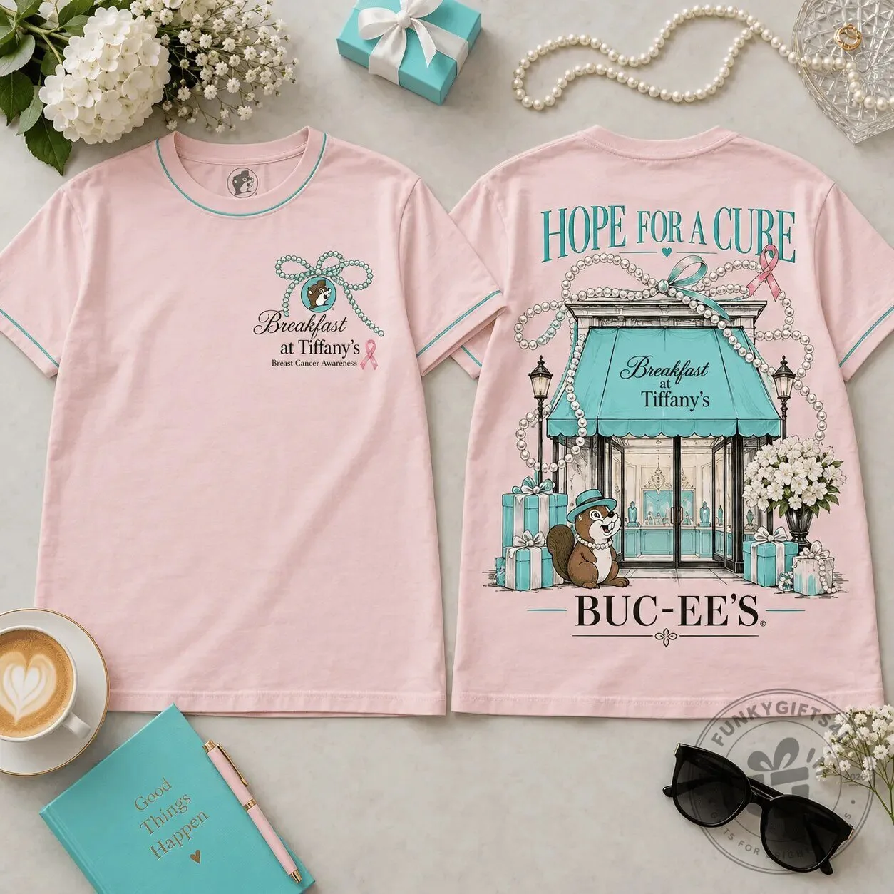 Buc-ee's Breakfast at Tiffany's Hope For A Cure Breast Cancer Awareness T-Shirt