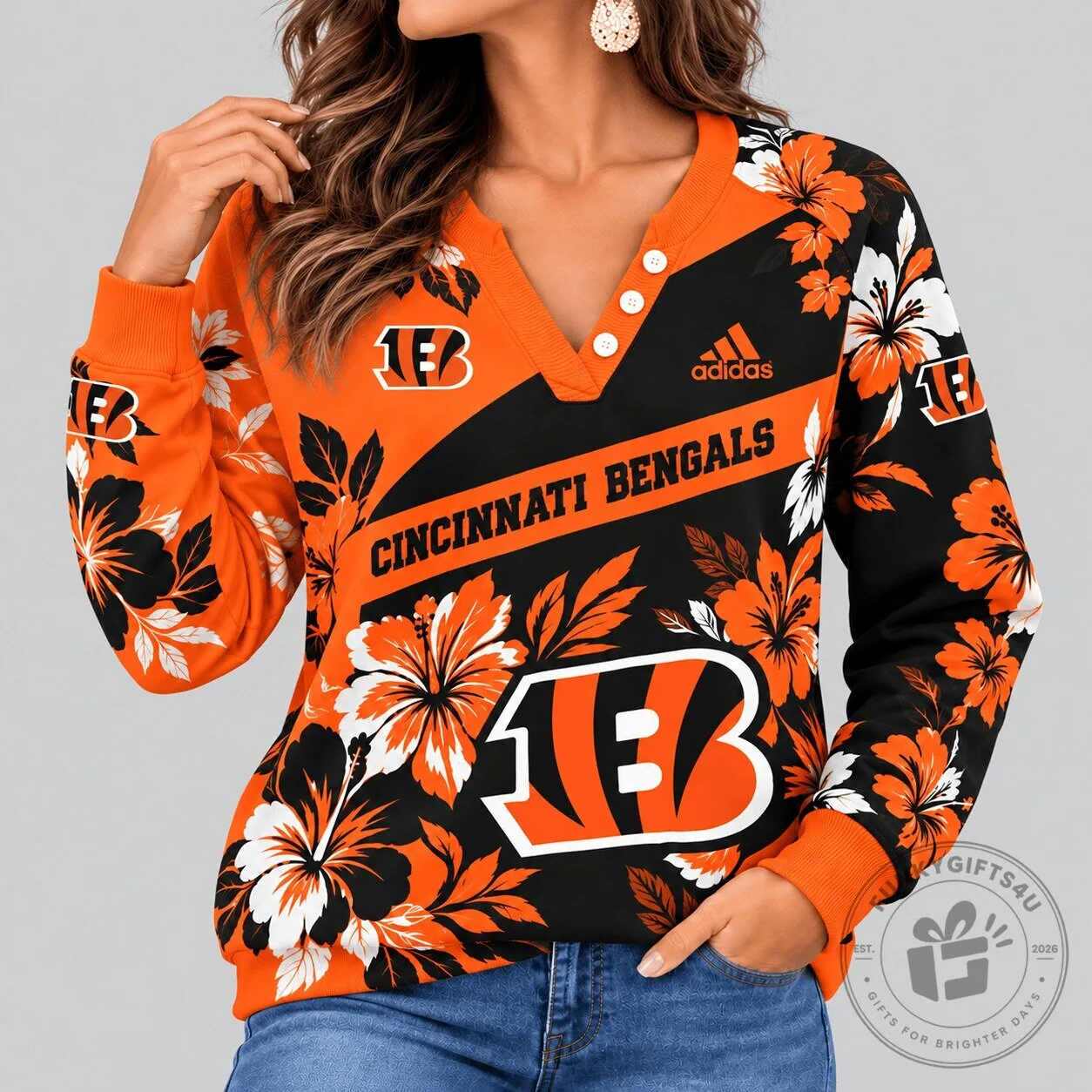 Cincinnati Bengals Tropical Floral Henley Long Sleeve Sweatshirt for Women
