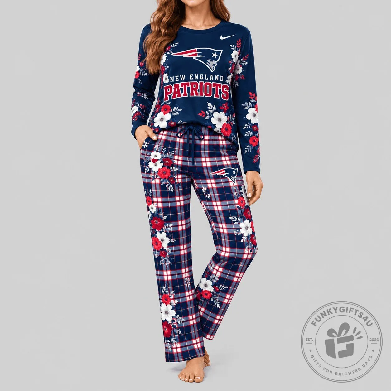 New England Patriots Floral Plaid Women's Long Sleeve Pajamas Set