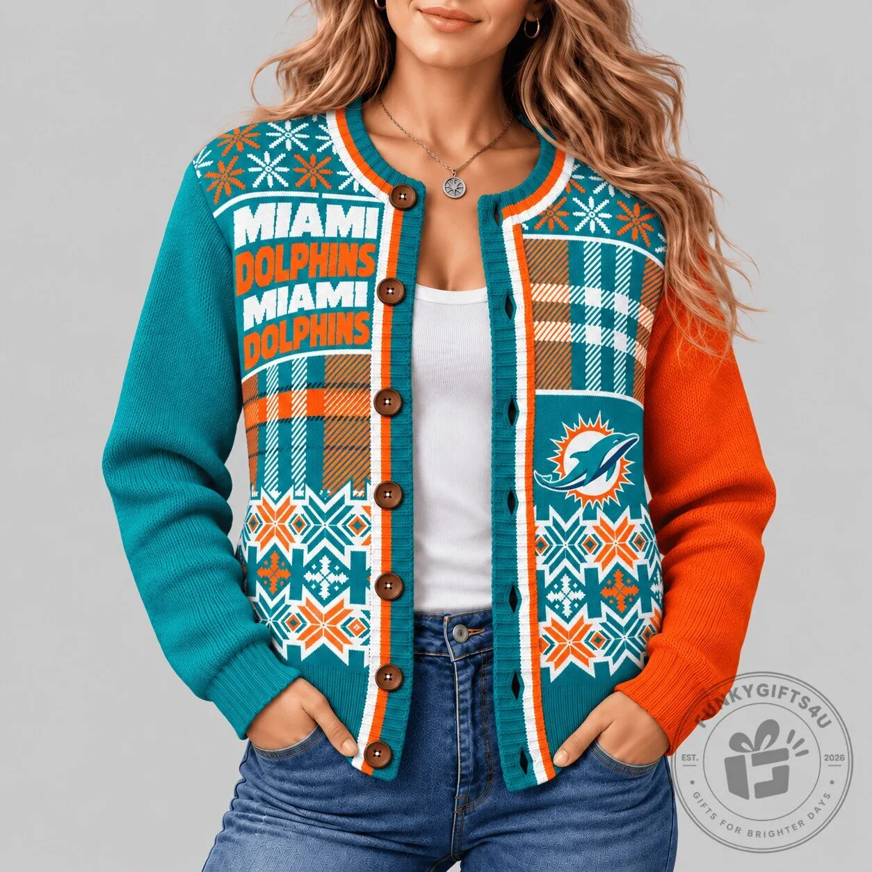 Miami Dolphins NFL Fair Isle Plaid Knit Cardigan Sweater
