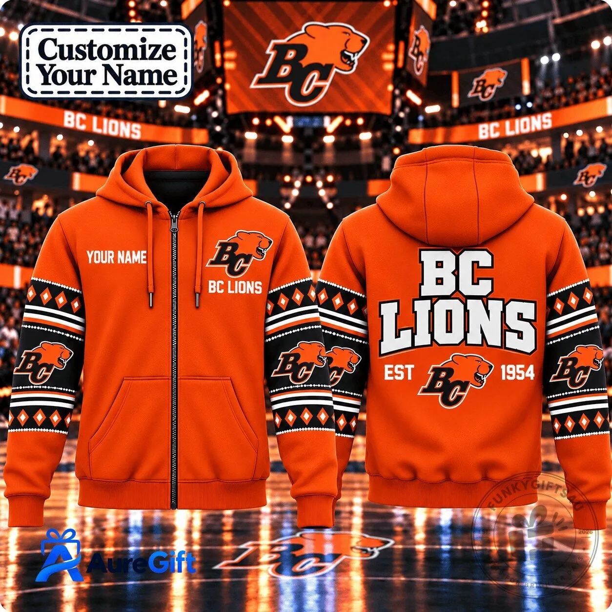 BC Lions Canadian Football League Native Personalized Orange Full-Zip Hoodie 3 BC Lions Canadian Football League Native Personalized Orange Full-Zip Hoodie